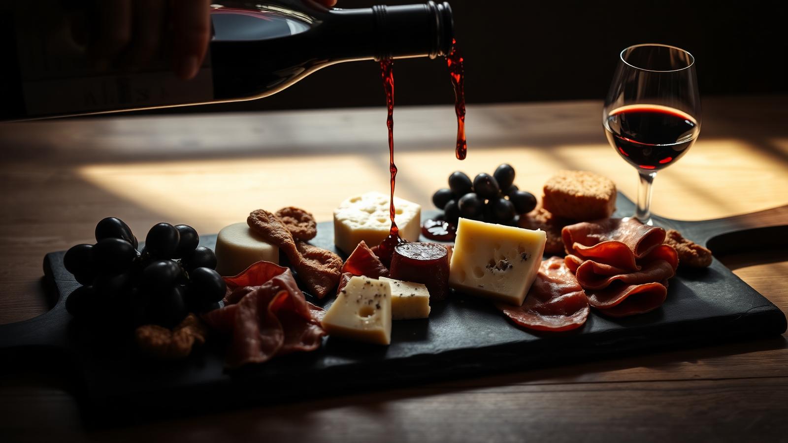 Tábua de harmonização com queijos, embutidos e vinho tinto